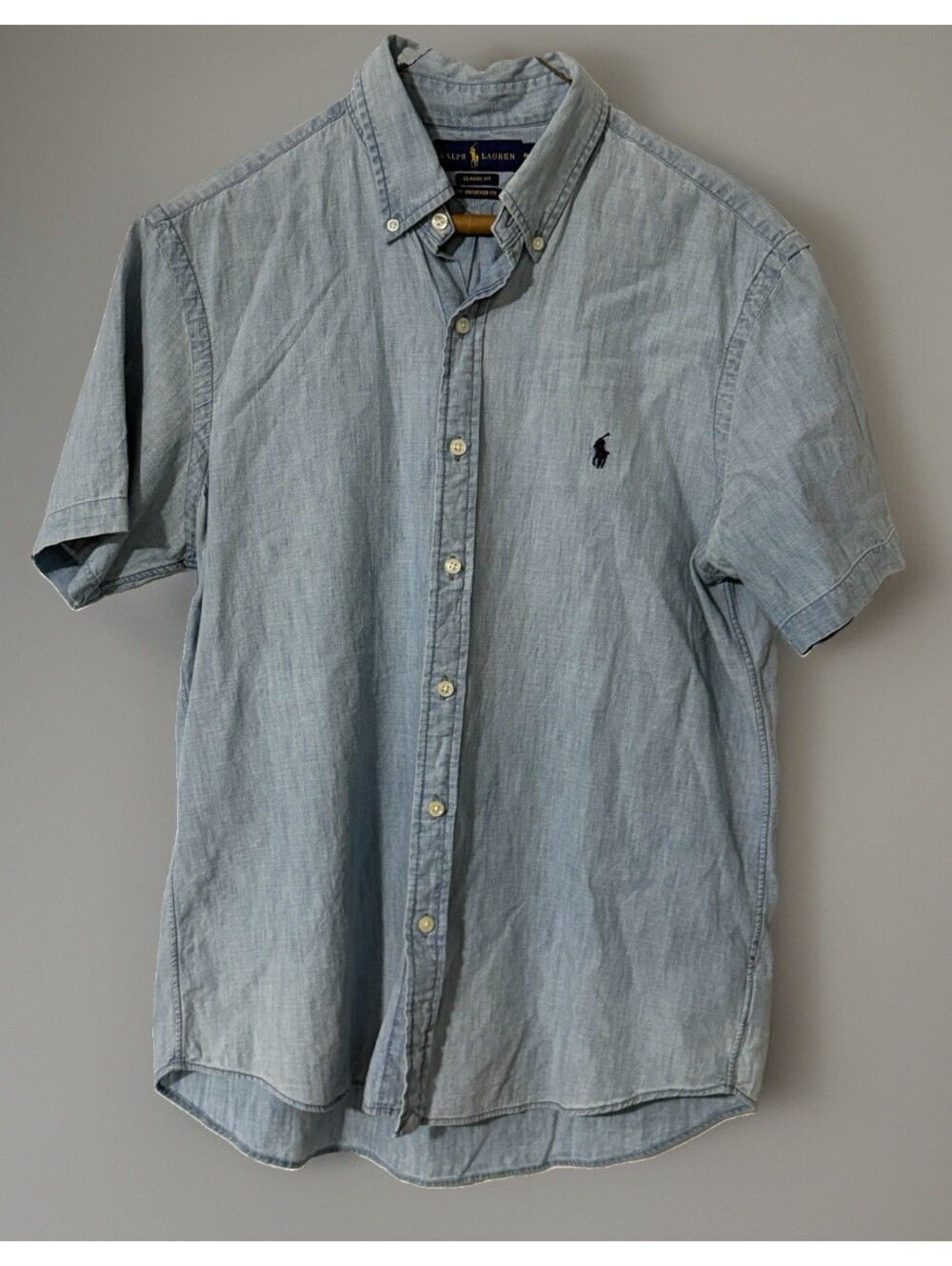 Ralph Lauren Men's Medium Chambray Button-Up Shirt Blue Short Sleeve Classic Fit